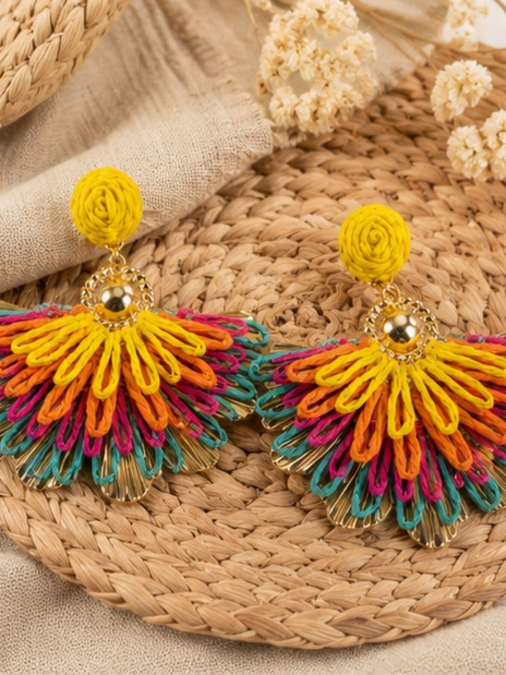 Colorful Raffia Fan Statement Earrings | Boho Resort